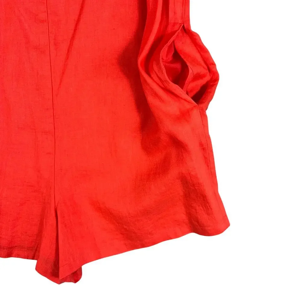 Banana Republic 100% Linen Romper XS Coral Sunset Red Sleeveless Summer Coastal